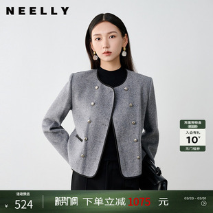 NEELLY纳俪商场同款冬新款小香风灰色双排扣短款双面呢大衣外套女