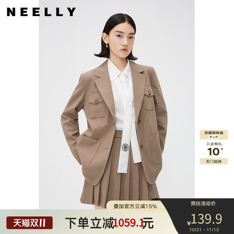 NEELLY纳俪商场同款春秋款英伦风西装外套女韩版金扣挺阔小西服