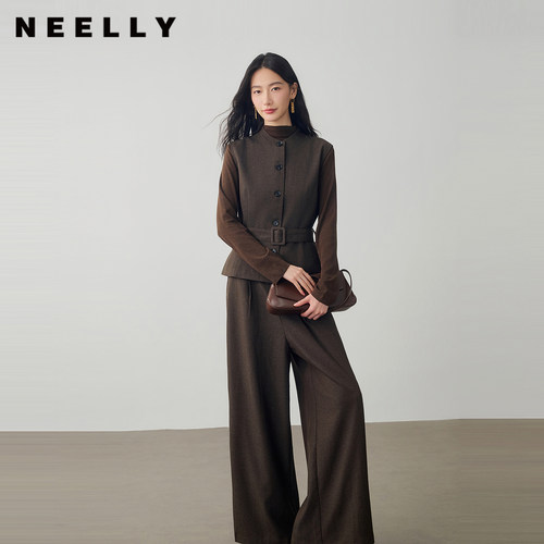 NEELLY纳俪商场同款秋季新款立领马甲阔腿裤套装女休闲通勤三件套