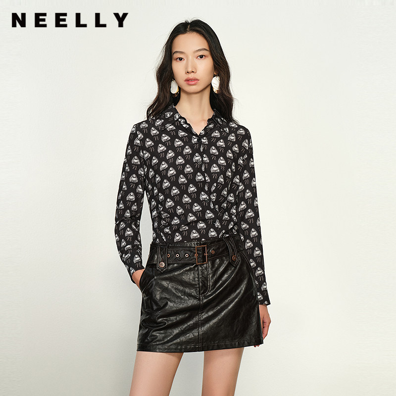 NEELLY纳俪商场同款夏季新款时尚几何图案女莱赛尔显瘦长袖衬衫