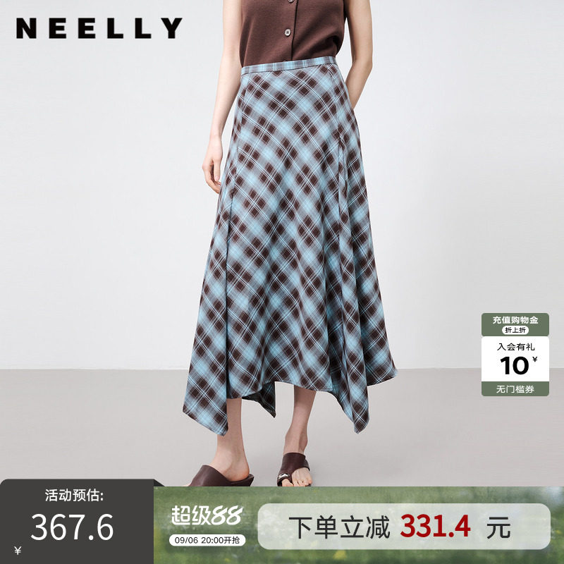 NEELLY纳俪商场同款夏新款蓝棕格纹半身裙女高腰显瘦不规则中长裙