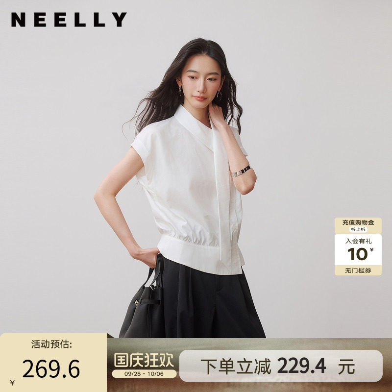 NEELLY纳俪商场同款秋新款法式飘带立领无袖衬衫女知性设计感上衣