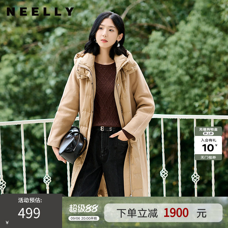 NEELLY纳俪商场同款冬季新款连帽羽绒拼接长款双面呢大衣外套女