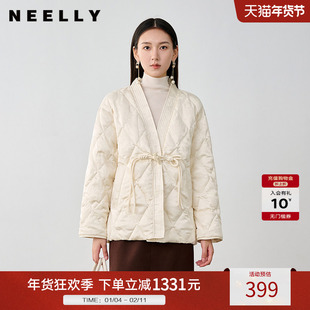 NEELLY纳俪商场同款冬季新款新中式盘扣V领爆款羽绒服女90%白鸭绒