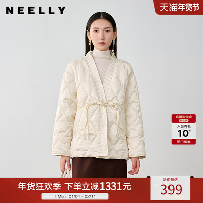 NEELLY纳俪商场同款冬季新款新中式盘扣V领爆款羽绒服女90%白鸭绒
