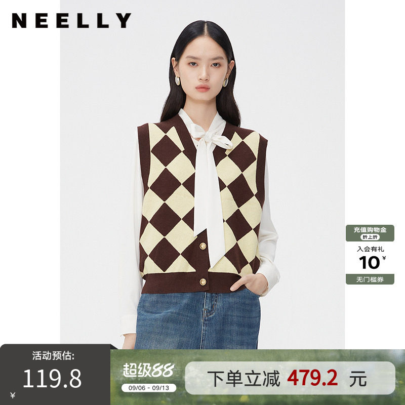 NEELLY纳俪商场同款棋盘格撞色针织马甲女春秋V领叠穿百搭无袖