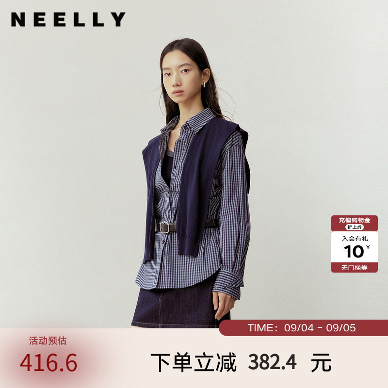 NEELLY纳俪商场同款春季新款时尚休闲格纹披肩衬衫女通勤复古外套
