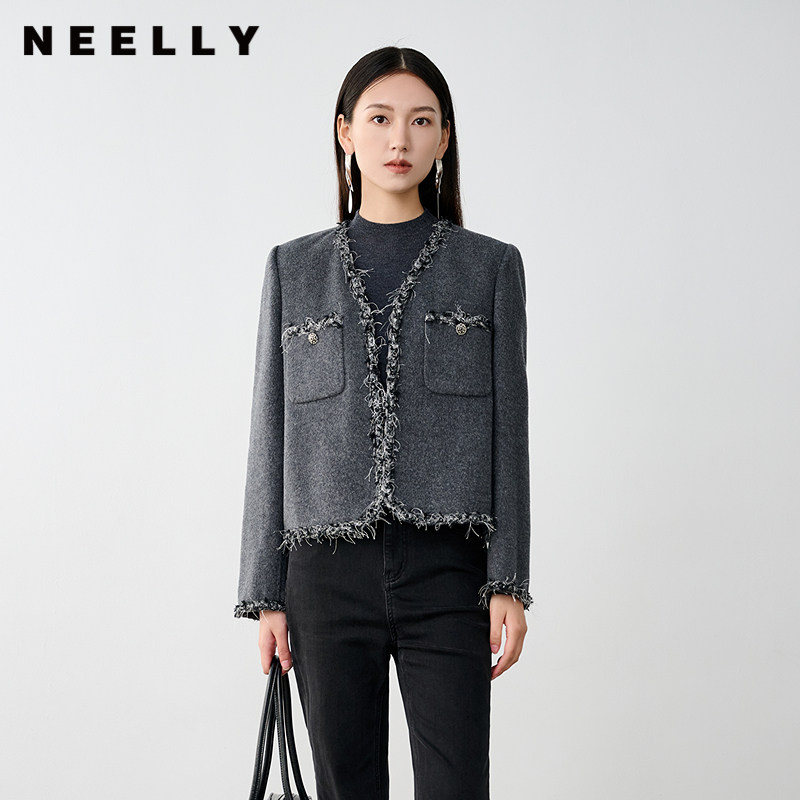 NEELLY纳俪商场同款冬新款小香风绵羊毛通勤短款灰色双面呢大衣女