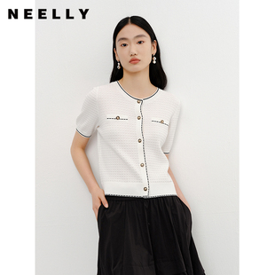 女宽松简约气质上衣 NEELLY纳俪夏季 新款 短袖 圆领单排扣针织开衫