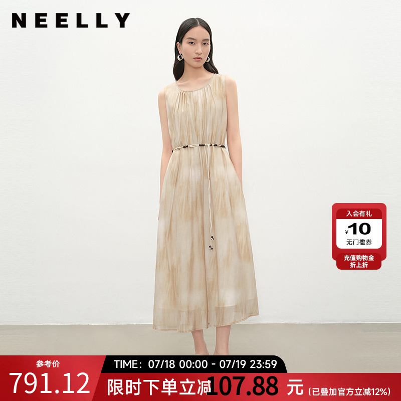 NEELLY纳俪商场同款夏季新款圆领休闲无袖连衣裙女收腰显瘦长裙