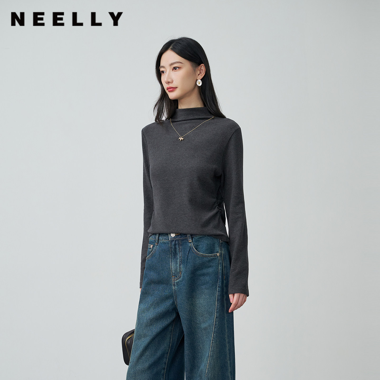 NEELLY纳俪商场同款冬季新款半高领针织打底衫女优雅气质套头上衣