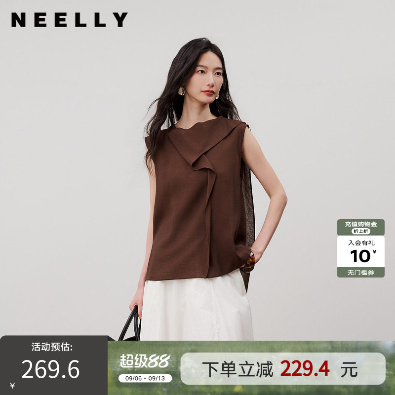 NEELLY纳俪商场同款夏季新款设计感无袖衬衫女不对称翻领通勤上衣