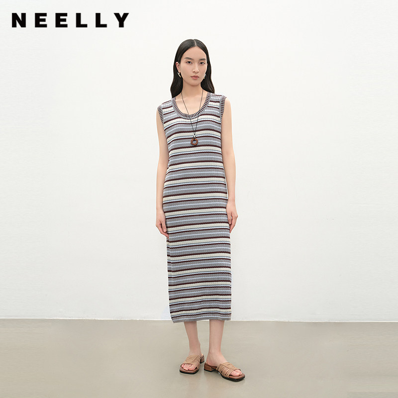 NEELLY纳俪商场同款夏新款时尚条纹针织背心裙女休闲软糯出游长裙