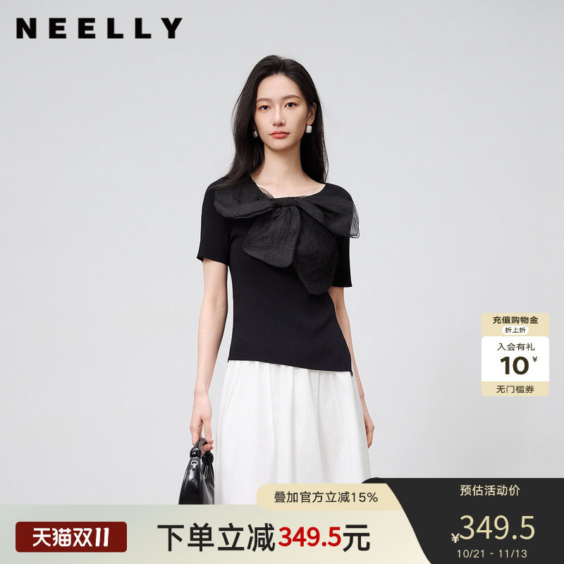 NEELLY纳俪商场同款夏新款法式气质蝴蝶结针织衫女修身显瘦短上衣