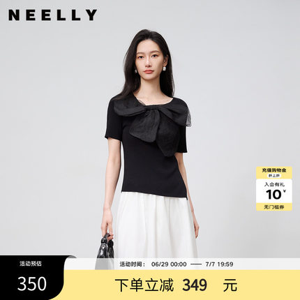 NEELLY纳俪商场同款夏新款法式气质蝴蝶结针织衫女修身显瘦短上衣