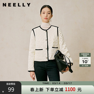 NEELLY纳俪商场同款冬季新款白色菱格短款棉衣女通勤轻薄棉服外套