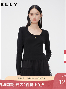 NEELLY纳俪商场同款春秋新款圆领修身纯色打底针织衫女显瘦羊毛衫