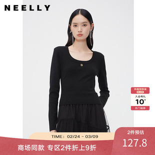 NEELLY纳俪商场同款春秋新款圆领修身纯色打底针织衫女显瘦羊毛衫
