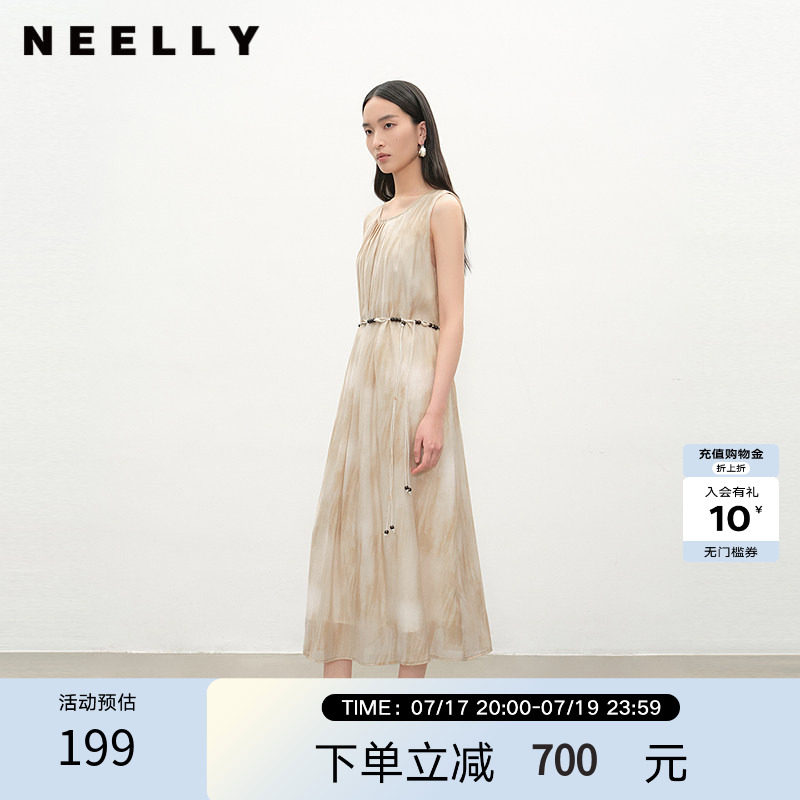 NEELLY纳俪商场同款夏季新款圆领休闲无袖连衣裙女收腰显瘦长裙