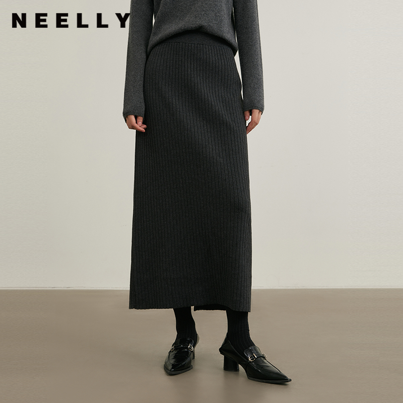 NEELLY纳俪商场同款冬季新款高腰A字裙女开叉高腰线针织半身裙