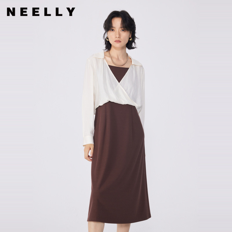 NEELLY纳俪商场同款春秋新款简约设计感衬衫连衣裙两件套装女通勤