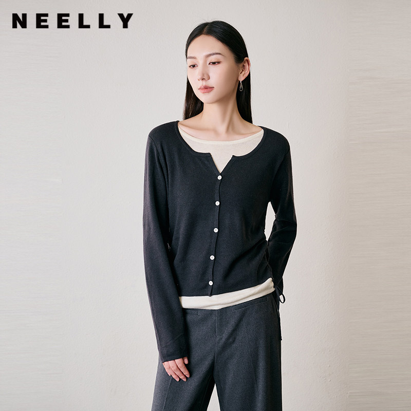 NEELLY纳俪商场同款冬季新款设计感假两件针织衫女修身打底毛衣