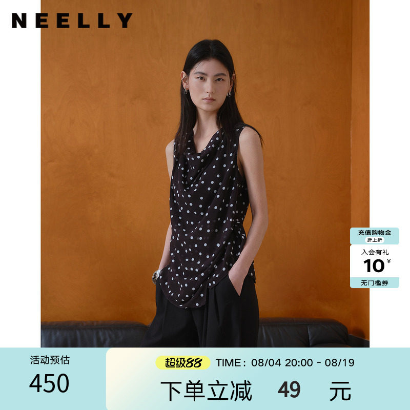 NEELLY纳俪商场同款夏新款复古波点荡领无袖上衣女撞色设计雪纺衫