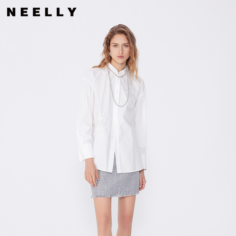NEELLY纳俪商场同款秋冬同款简约纯白衬衫女韩版宽松百搭短衬衣
