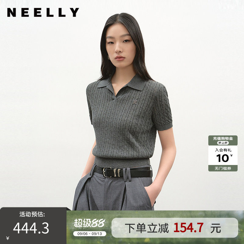 NEELLY纳俪商场同款夏新款经典简约POLO领针织短袖女宽松舒适上衣