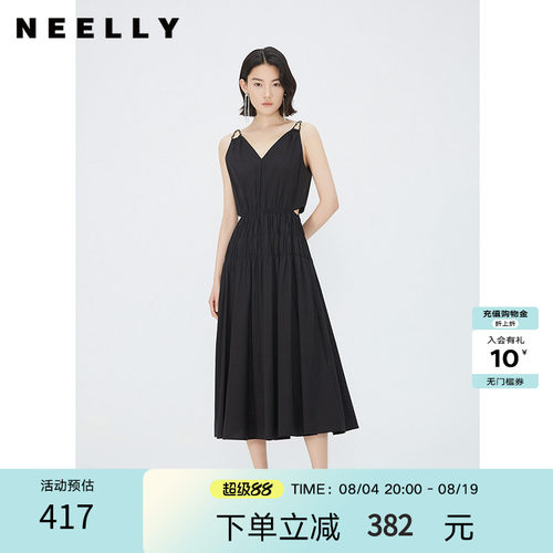 NEELLY纳俪商场同款夏季新款设计感露腰黑色连衣裙女修身显瘦长裙