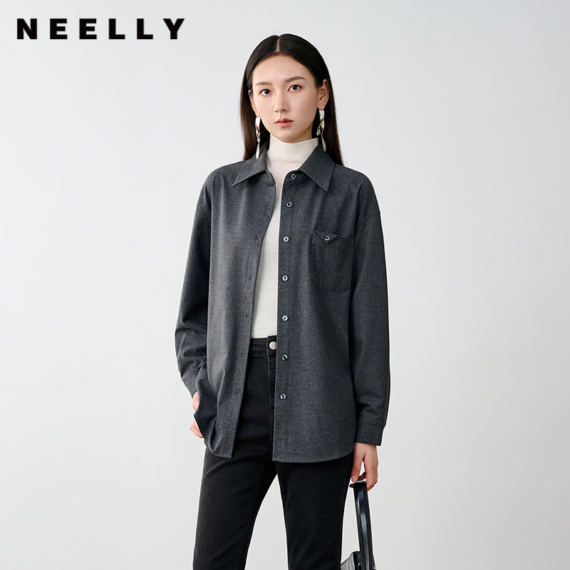 NEELLY纳俪商场同款冬新款高级感灰色翻领打底衬衣女显瘦休闲衬衫