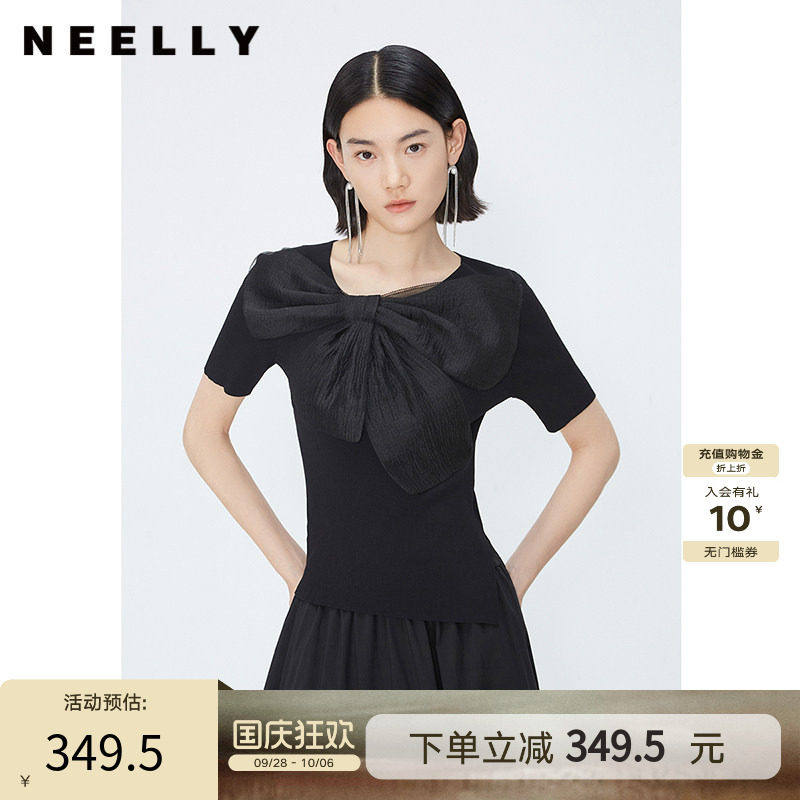 NEELLY纳俪商场同款夏季新款黑色套头针织衫女薄款网纱蝴蝶结上衣