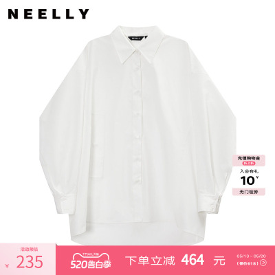 NEELLY纳俪商场同款夏新款白色蝙蝠袖衬衫女长袖宽松基础通勤上衣