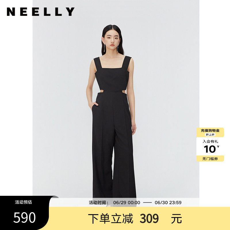 NEELLY纳俪商场同款夏新款黑色无袖镂空高腰连体裤女直筒垂感长裤