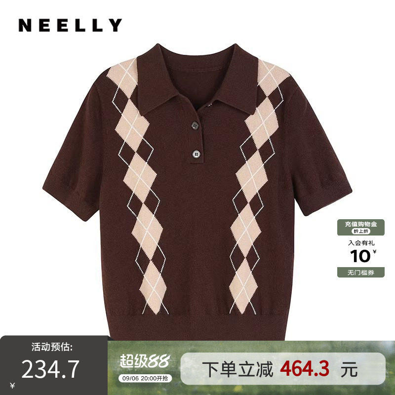NEELLY纳俪商场同款春秋新款菱格针织短袖设计上衣女减龄针织衫