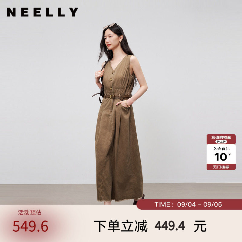 NEELLY纳俪商场同款夏季新款工装风无袖牛仔裙女V领设计感长裙