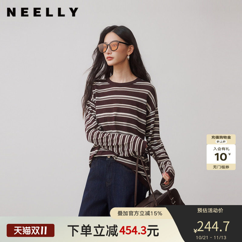 NEELLY纳俪商场同款秋季新款复古条纹长袖圆领T恤女撞色休闲上衣