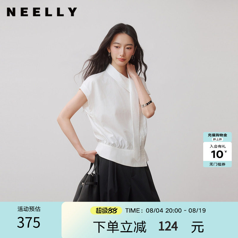 NEELLY纳俪商场同款秋新款法式飘带立领无袖衬衫女知性设计感上衣