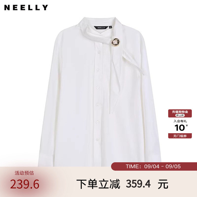 NEELLY纳俪商场同款春秋新款精致设计感飘带领衬衫女显瘦通勤上衣