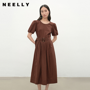 夏新款 NEELLY纳俪商场同款 复古优雅正肩连衣裙女收腰显瘦舒适长裙