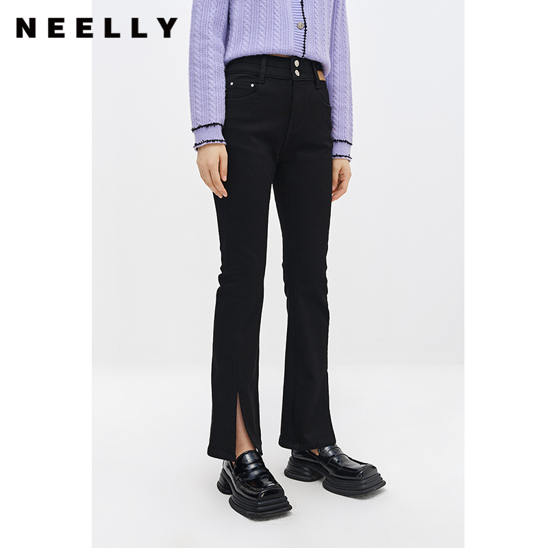 NEELLY纳俪商场同款高腰两粒扣牛仔裤女直筒下开叉微喇阔腿裤百搭