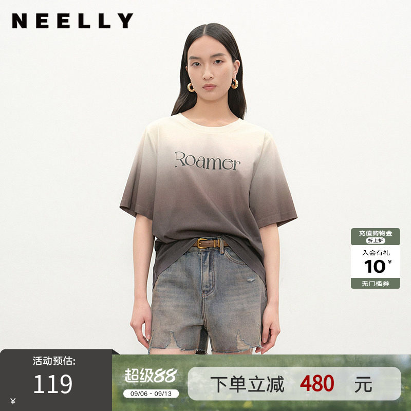 NEELLY纳俪商场同款夏季新款时尚渐变短袖字母T恤女圆领个性上衣