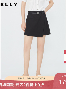 NEELLY纳俪商场同款夏新款黑色高腰不规则A字裙裤女简约百搭短裤