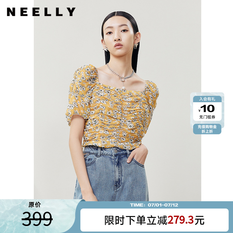 NEELLY纳俪法式方领泡泡袖衬衫女抽皱显瘦设计短款雪纺衫