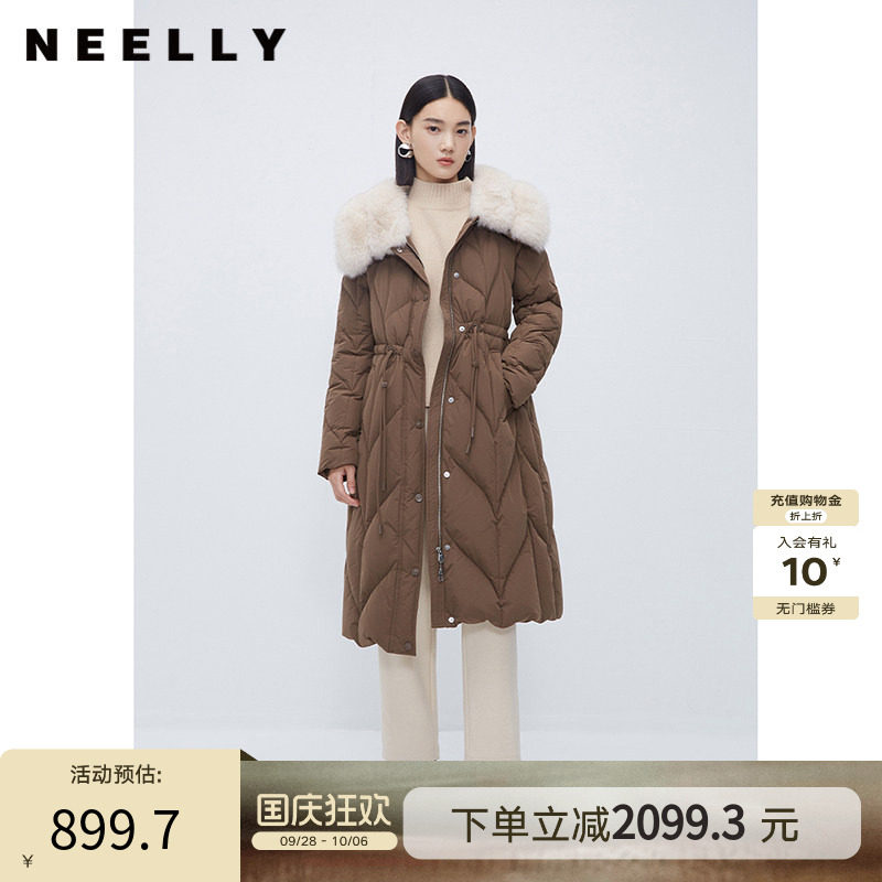 NEELLY纳俪商场同款冬新款狐狸毛领羽绒服气质收腰中长款羽绒大衣