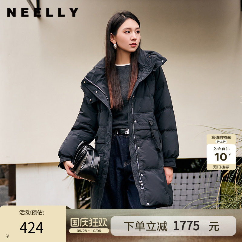 NEELLY纳俪商场同款冬季新款90%鸭绒宽松保暖连帽羽绒服女中长款