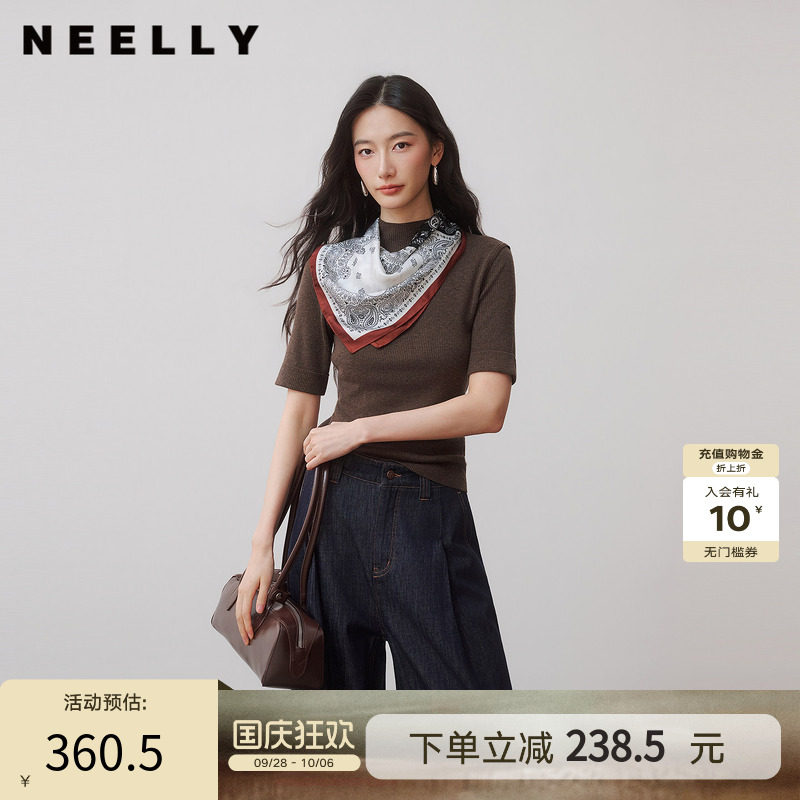 NEELLY纳俪商场同款秋新款半高领短袖针织女搭配复古丝巾坑条上衣