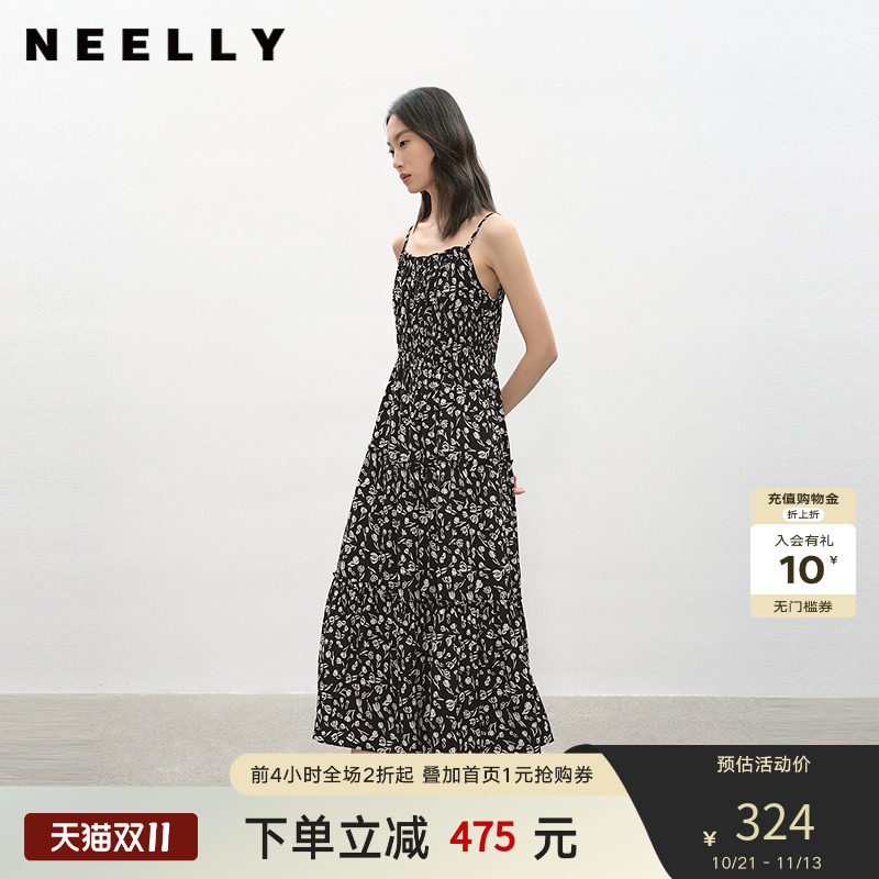 NEELLY纳俪商场同款夏季新款减龄俏皮碎花吊带连衣裙女收腰中长裙