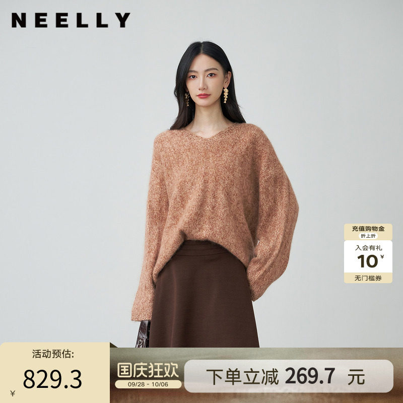 NEELLY纳俪商场同款冬季新款慵懒随性圆领针织衫女宽松休闲毛衣