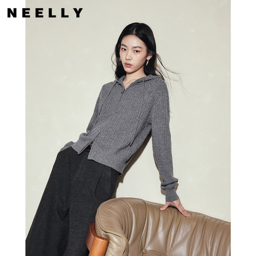 NEELLY纳俪商场同款冬季新款休闲连帽绞花针织开衫女松弛灰调上衣